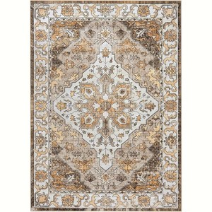 Area Rugs Washable Non-Slip Kid & Pet Friendly Vintage Floral Thin Low Pile for Bedroom, Kitchen, Dining Room, Camel 9x12ft - 1 of 4