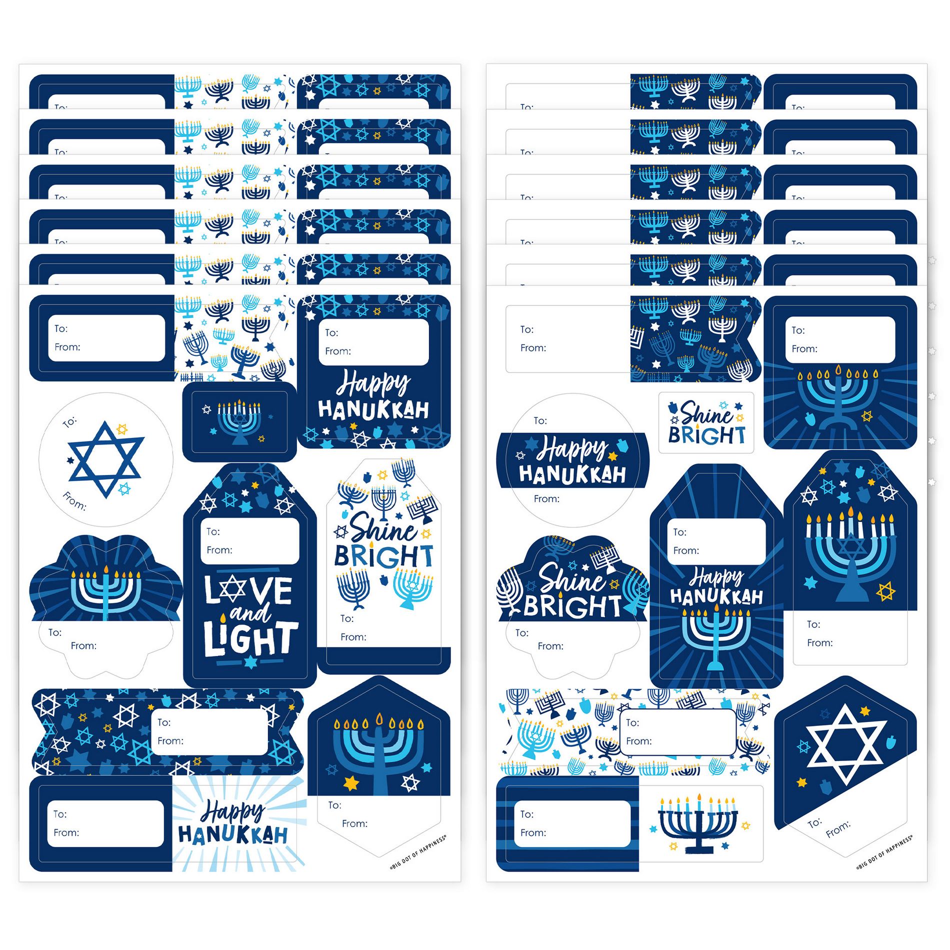 Big Dot of Happiness Hanukkah Menorah - Assorted Chanukah Holiday Party Gift Tag Labels - To and From Stickers - 12 Sheets - 120 Stickers