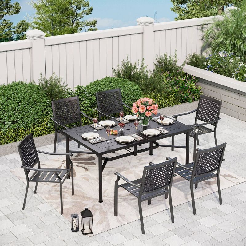 7pc Outdoor Dining Set with Steel Chairs &#38; Large Metal Rectangle Table with Umbrella Hole - Captiva Designs, 1 of 22