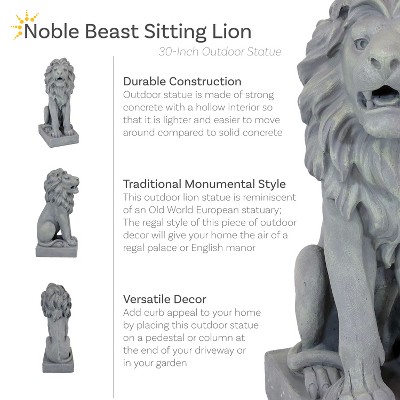 Gray Concrete Noble Beast Sitting Lion Outdoor Statue - 30"