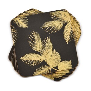 Pimpernel Chelsea Collection Sara Miller Coasters, Set of 6 – 4" Square Drink Mats, Dark Grey with Gold Etched Leaf Design, Durable Cork-Backed Board - 1 of 4