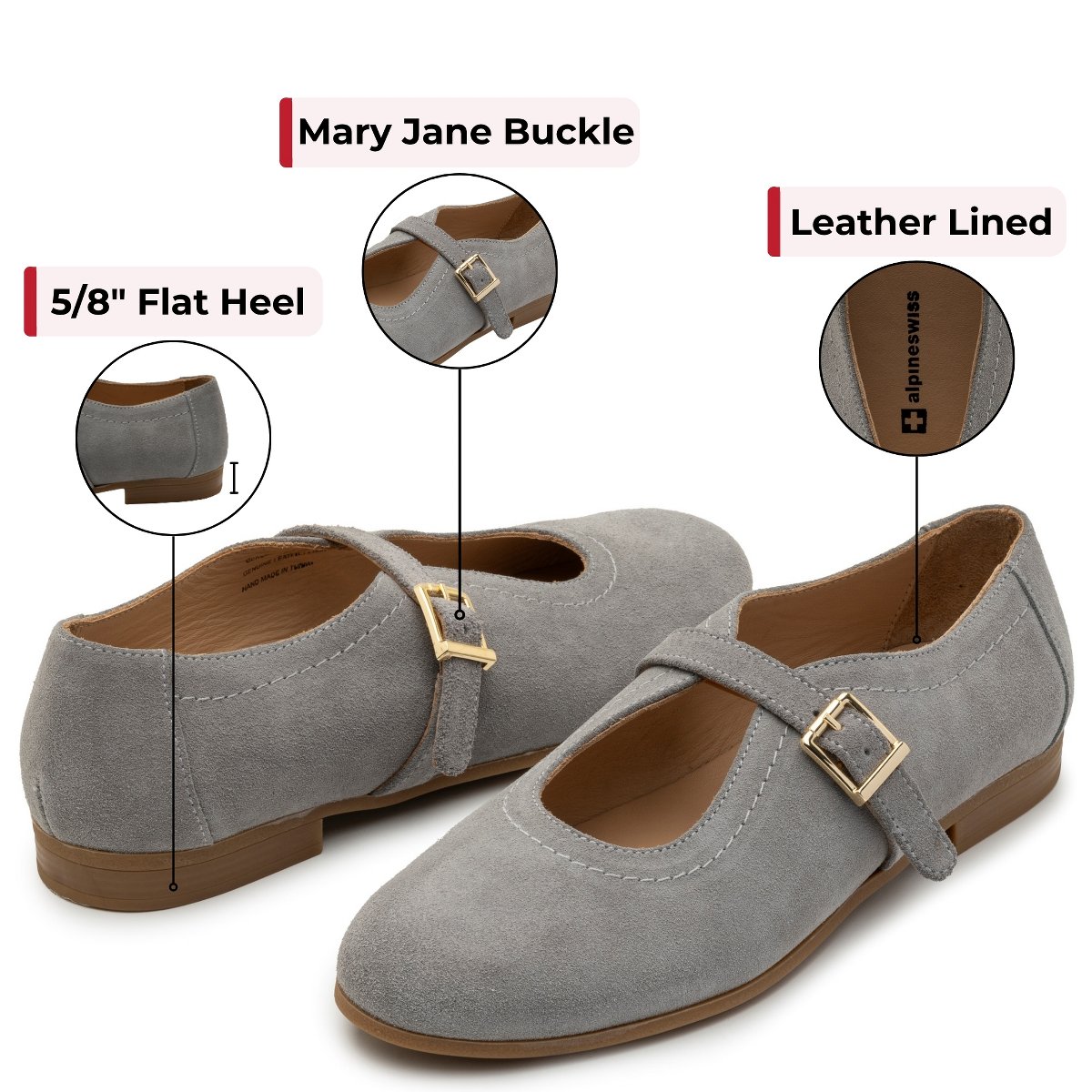 Обувь Alpine Swiss Irene Womens Leather Mary Jane Ballet Flats Round Toe Slip On Shoes Ankle Strap Dressy Comfort Flats GRY Suede 9 — фото 3
