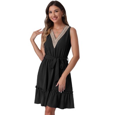 Allegra K Women's Ruffled Hem Waist Strap V Neck Sleeveless Bohemian Midi Dress