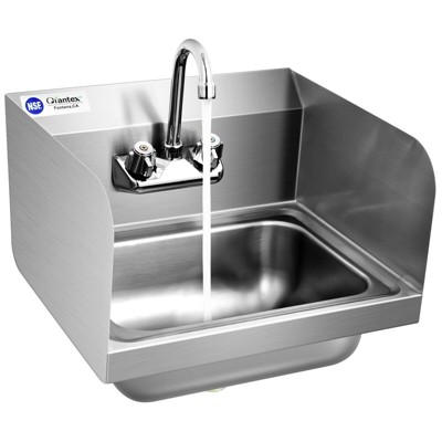 Tangkula Stainless Steel Sink NSF Wall Mount Hand Washing Sink with Faucet & Side Splash