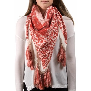 Pavilion Gift Company - Vanessa Floral Cotton Scarf - 40"x40" Coral Scarf - Sweaters and Shawls - 1 of 2