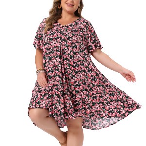 Women's Plus Size Floral Print V-neck Short Sleeve Pleated Beach Vacation Summer Casual Midi Dresses with Pockets - Agnes Orinda 1X Pink Blue