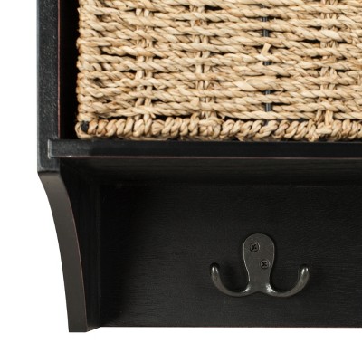Black Pine Wall Hook Rack with 3 Wicker Baskets
