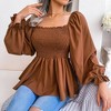 Garvee Women's Casual Square Neck Shirred Lantern Long Sleeve Frill Trim Flared Hem Blouse Shirt Top - 3 of 4