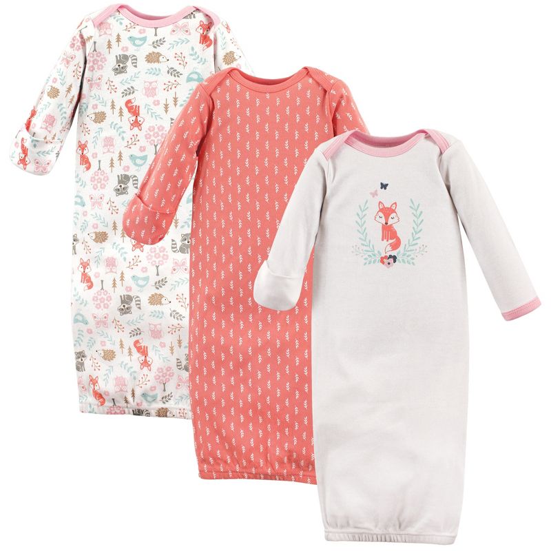 Hudson Baby Infant Girl Cotton Long-Sleeve Gowns 3pk, Woodland Fox, 0-6 Months, 1 of 3