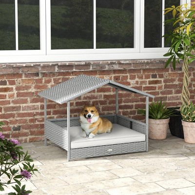 LAOTIES Wicker Dog House Outdoor with Canopy,Rattan Dog Bed for Small And Medium Dogs,Raised Pet Sofa with Water Resistant Cushion