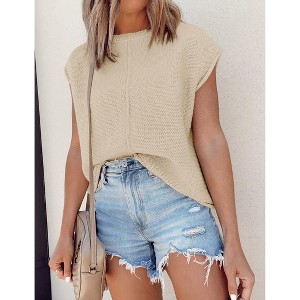 Womens Summer Cap Sleeve Tops Trendy Casual Crew Neck Knit Lightweight Sweater Pullover Top - 1 of 4