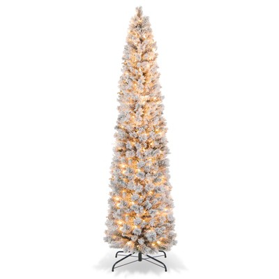 Tangkula 4.5/6/7FT Pre-lit Artificial Christmas Tree Snow-flocked Pencil Xmas Tree with 100/150/210 Warm White Lights 258/373/466 Branch Tips