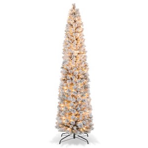 Tangkula 4.5/6/7FT Pre-lit Artificial Christmas Tree Snow-flocked Pencil Xmas Tree with 100/150/210 Warm White Lights 258/373/466 Branch Tips - 1 of 4