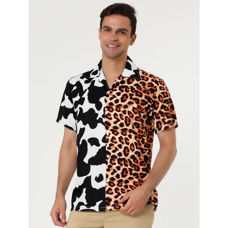 Lars Amadeus Men's Irregular Printed Summer Short Sleeve Button Down Hawaiian Camp Collar Patchwork Shirt, 3 of 7
