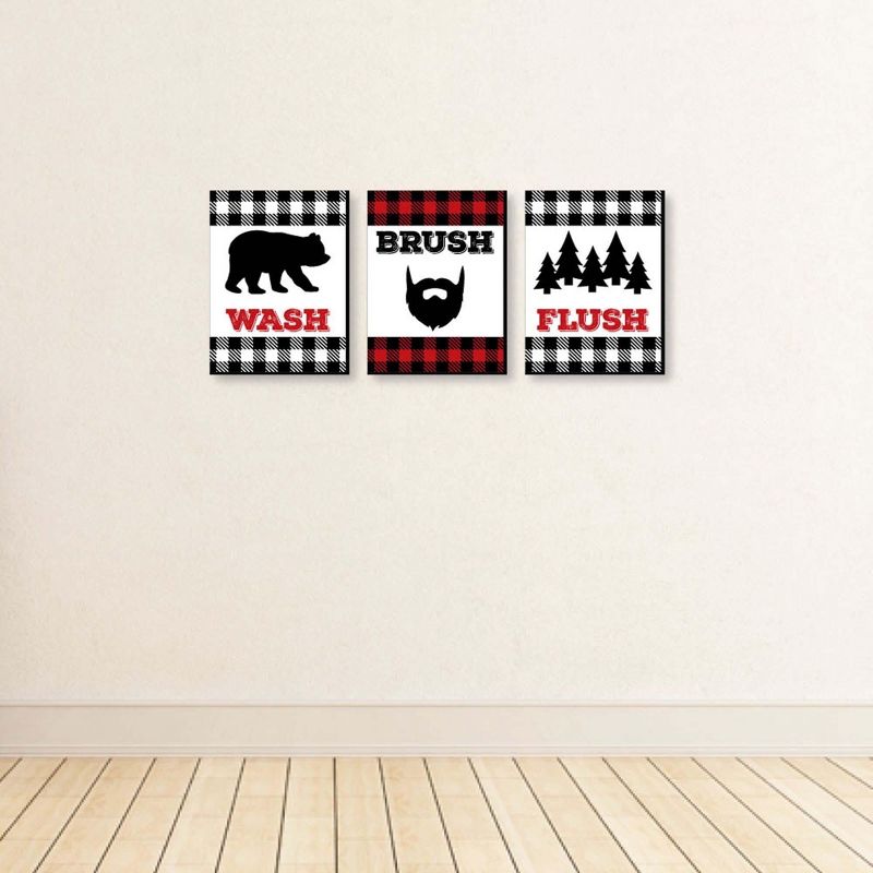 Big Dot of Happiness Lumberjack - Channel the Flannel - Kids Bathroom Rules Wall Art - 7.5 x 10 inches - Set of 3 Signs - Wash, Brush, Flush, 4 of 8