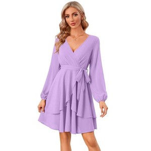 Coolmee Women's Dress Deep V-Neck Long Sleeve Waist Tie Ruffle Mini Swing Skater Dresses - 1 of 4