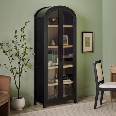 Vynxaria Modern 5-Tier Tall Arched Bookshelf with Glass Doors - Black