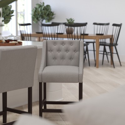 32" Light Gray Tufted Fabric Counter Stool with Walnut Wood Frame