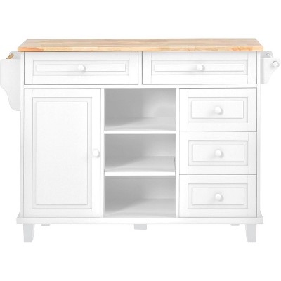 Kitchen Cart with Rubber Wood Desktop Rolling Mobile Kitchen Island with Storage and 5 Drawers 52.8 Inch Length White