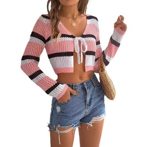 Crochet Tops for Women Striped Summer Color Block Tie Front Long Sleeve Crop Cardigan Drop Shoulder Sweater Top - 1 of 4