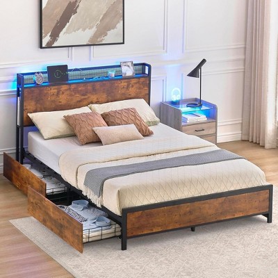 Bed Frame with Charging Station and LED Lights, Metal Platform Bed Frame with Storage Headboard and 4 Drawers, Heavy Duty, No Box Spring Needed, Brown