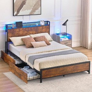 Bed Frame with Charging Station and LED Lights, Metal Platform Bed Frame with Storage Headboard and 4 Drawers, Heavy Duty, No Box Spring Needed, Brown - 1 of 4