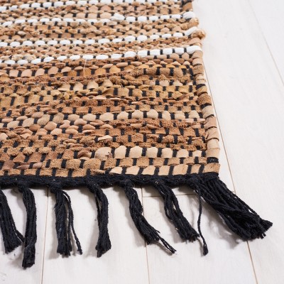 Brown and Natural Flatweave Striped Cotton Leather Rug