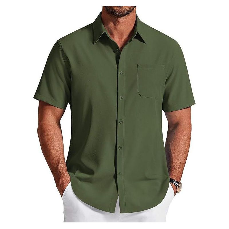 COOFANDY Men's Short Sleeve Dress Shirts Wrinkle Free Casual Button Down Shirts with Pocket Army Green S