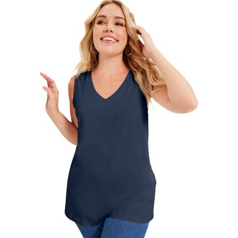 June + Vie by Roaman's Women's Plus Size V-Neck One + Only Tank Top -  22/24, Blue