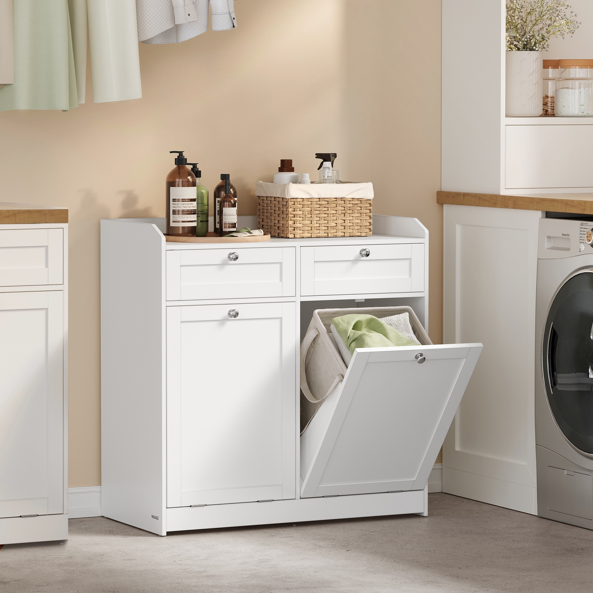 VASAGLE Laundry Cabinet, with 2 Drawers and 2 Hidden Laundry Hampers, Freestanding, Tilt-Out Laundry Baskets with Handles, Cloud White