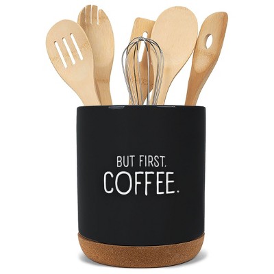 Elanze Designs But First Coffee Black X-Large Cork Bottom Kitchen Utensil Holder