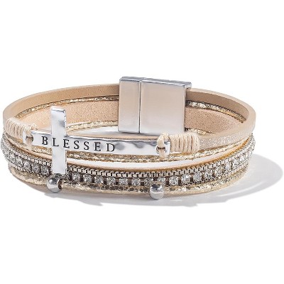 Cross Leather Bracelet with Magnetic Clasp, Christian Religious Boho Wrap Cuff Bangle for Women