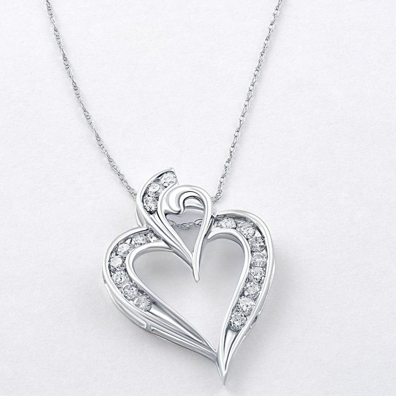 Pompeii3 10K White Gold 1/2Ct TW Real Diamond Heart Pendant Necklace 1" Tall, 4 of 6