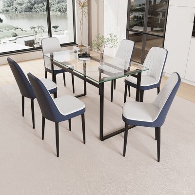 NicBex Dining Table for 6 Modern Kitchen Table Chairs Set with Glass Tabletop and 6 Thick Cushion PU Chairs for Kitchen