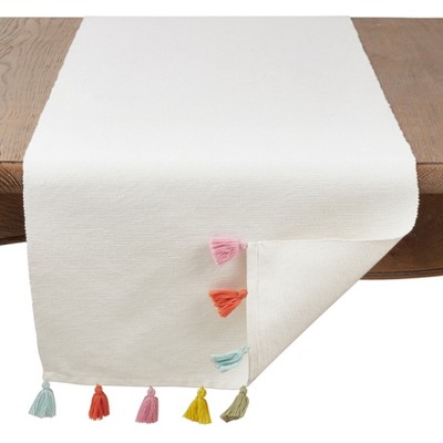 Ivory Cotton Table Runner with Multicolor Tassels