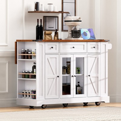 53" Kitchen Island With Drop Leaf, Kitchen Island On Wheels with Open Side Rack & Drawers, Mobile Rolling Kitchen Cart for Kitchen Living Room
