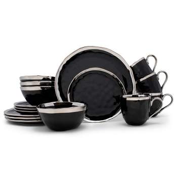 Elanze Designs 16-Piece Metallic Bubble Porcelain Ceramic Dinnerware Set - Service for 4, Black Silver