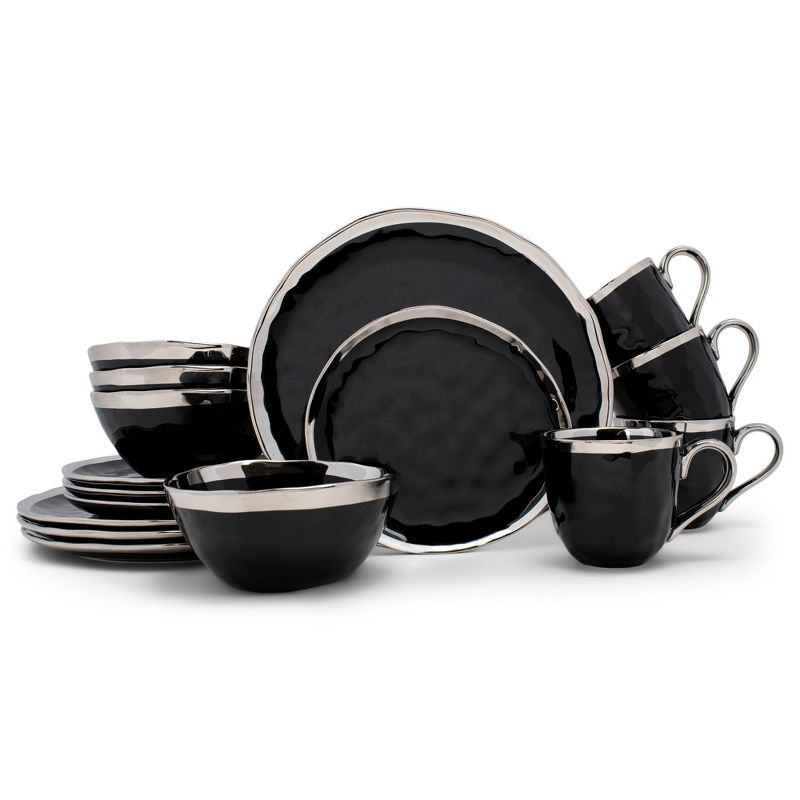 Elanze Designs 16-Piece Metallic Bubble Porcelain Ceramic Dinnerware Set - Service for 4, Black Silver, 1 of 7