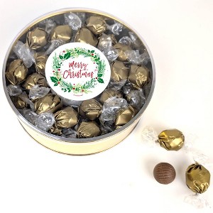 Merry Christmas Wreath Gift Tin Filled With Milk Chocolate Dubai Truffle Candies For Christmas Gifting, Holiday Party Giveaways & More - 1 of 4