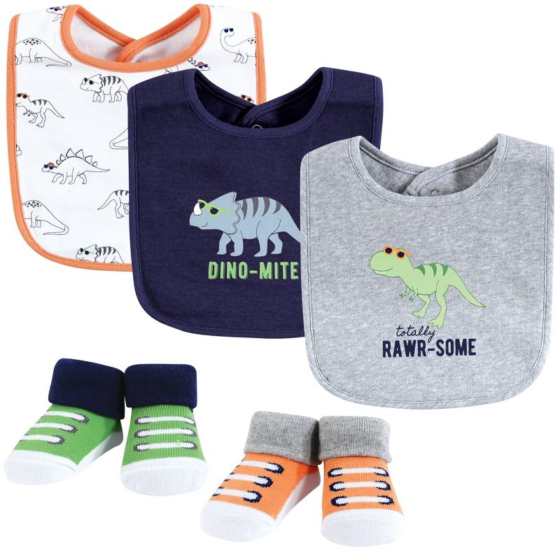 Hudson Baby Infant Boy Cotton Bib and Sock Set, Cool Dinosaurs, One Size, 1 of 7