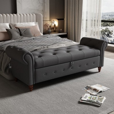 Upholstered Storage Bench with Rolled Arms and Button Tufted Lid for Bedroom or Entryway Seating and Hidden Blanket or Linen Storage-Maison Boucle