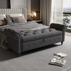 Upholstered Storage Bench with Rolled Arms and Button Tufted Lid for Bedroom or Entryway Seating and Hidden Blanket or Linen Storage-Maison Boucle - 1 of 4
