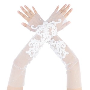 INSPIRE CHIC Women's Lace Floral Pearl Bowknot Polka Point Arm Fingerness Length Sleeves for Elegant Bridge Wedding Gloves 1 Pair - 1 of 4