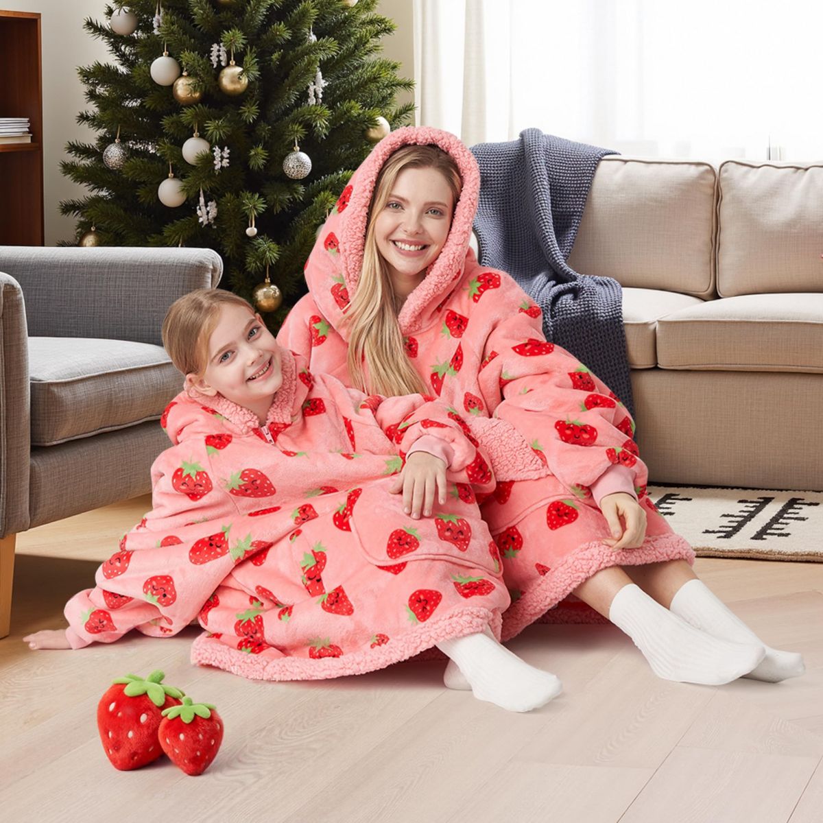 Joyfy Strawberry Cow Wearable Blanket Hoodie, Oversized Soft Fleece Hooded Blanket, Cozy Sweatshirt Gifts with Giant Pocket and Sleeves for Kids Girls - thumbnail 2