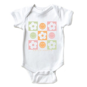 The Juniper Shop SmileyWorld Checkered Floral Smile Baby Short Sleeve Bodysuit - 1 of 4