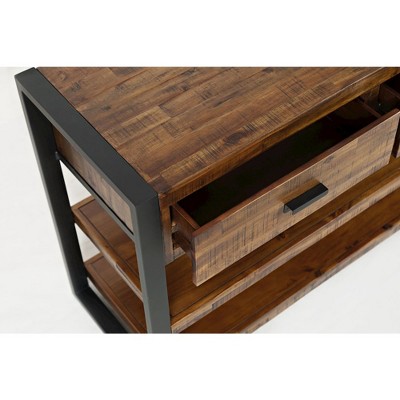 Industrial Brown Acacia Wood and Metal Console Table with Storage