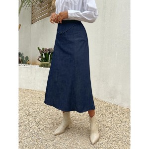 High Waist Dark Blue Denim Skirt, Elastic Waist Ankle-Length A-Line Skirt - 1 of 4