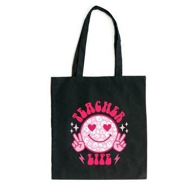 City Creek Prints Teacher Life Leopard Smiley Face Canvas Tote Bag - 15x16 - Black