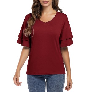 Clearlove Women's Casual Blouses Ruffle Sleeve T Shirts V Neck Double Tiered Bell Sleeve Top - 1 of 4