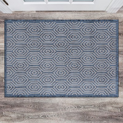 Blue Geometric 2' x 3' Flat Woven Reversible Area Rug